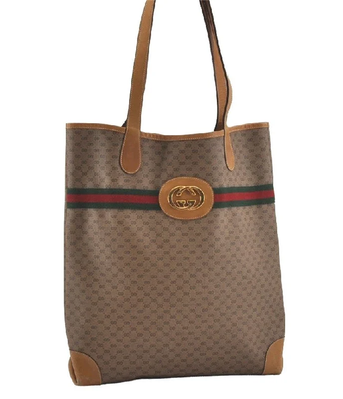 Durable leather bags for daily useAuthentic GUCCI Web Sherry Line Micro GG PVC Leather Tote Bag Brown 6332I