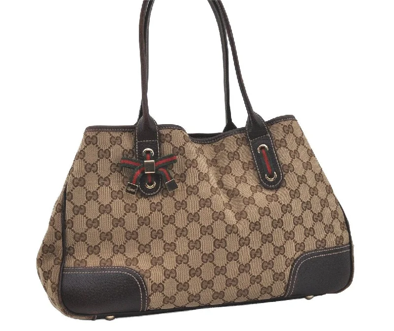 Designer bags with gold hardwareAuthentic GUCCI Web Sherry Line Princy Ribbon Tote Bag Canvas 163805 Brown 6540I