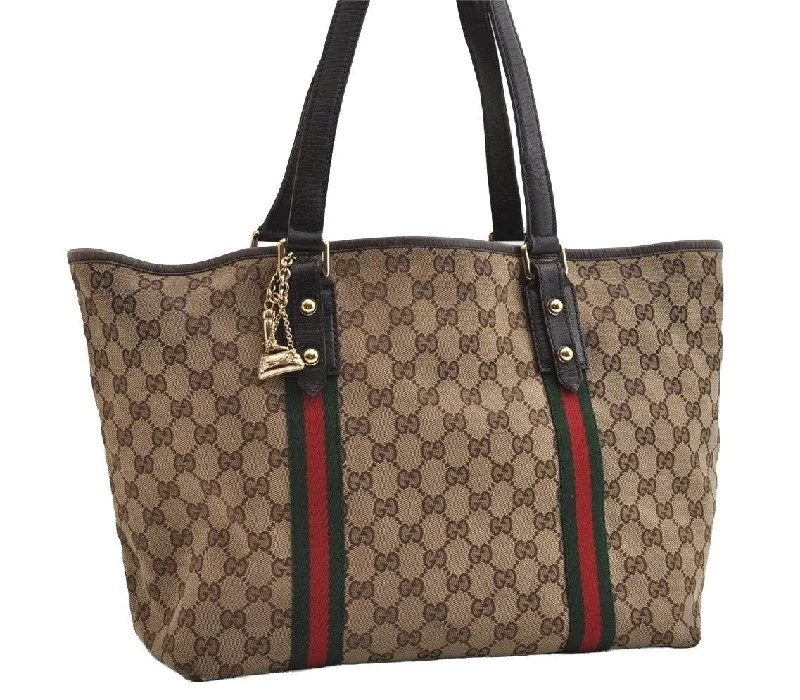 Durable leather bags for daily useAuthentic GUCCI Web Sherry Line Tote Bag GG Canvas Leather 139260 Brown 6462I