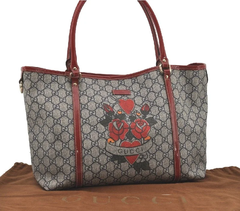 Trendy transparent PVC bagsAuthentic GUCCI Heart Tattoo Shoulder Tote Bag GG PVC Enamel 197953 Navy 6539I