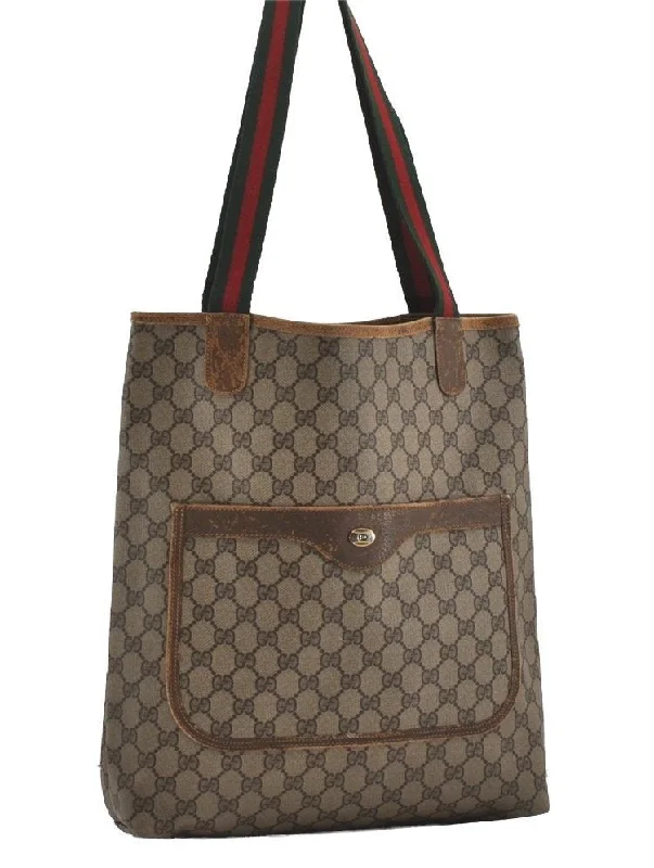 Durable leather bags for daily useAuthentic GUCCI Web Sherry Line Shoulder Tote Bag GG PVC Leather Brown 5843I