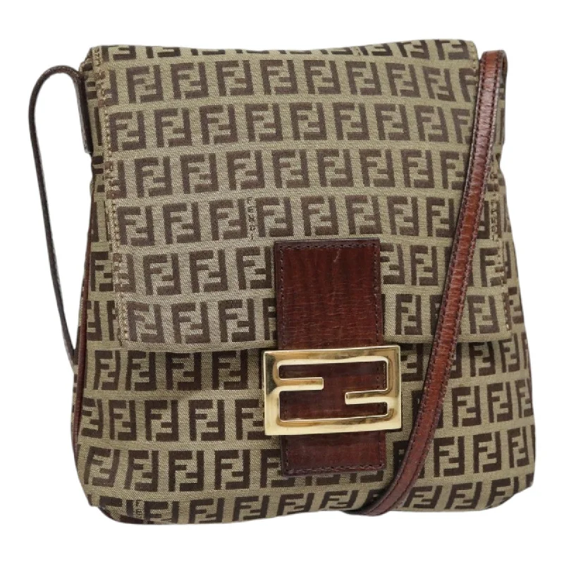 Luxury bags with exotic skinsFENDI Zucchino Canvas Shoulder Bag Beige Gold  90776