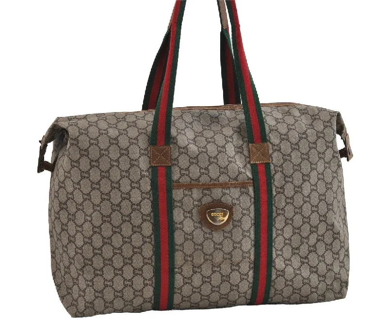 Designer bags with gold hardwareAuthentic GUCCI Web Sherry Line GG Plus PVC Leather Travel Bag Brown Junk 5793I