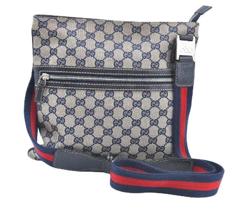 Sustainable fashion bagsAuthentic GUCCI Sherry Line Shoulder Bag GG Canvas Leather 145809 Navy 3000H