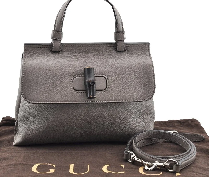 Vegan leather handbagsAuthentic GUCCI Bamboo Daily 2Way Hand Shoulder Bag Leather 370831 Gray 5733I