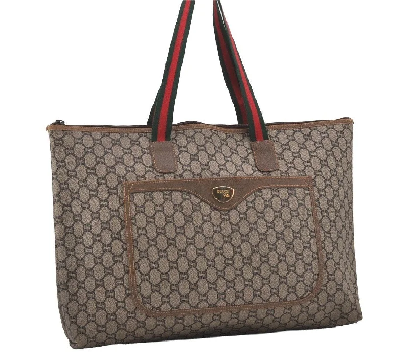 Affordable leather bagsAuthentic GUCCI Web Sherry Line GG Plus Tote Bag PVC Leather Brown Junk 5785I