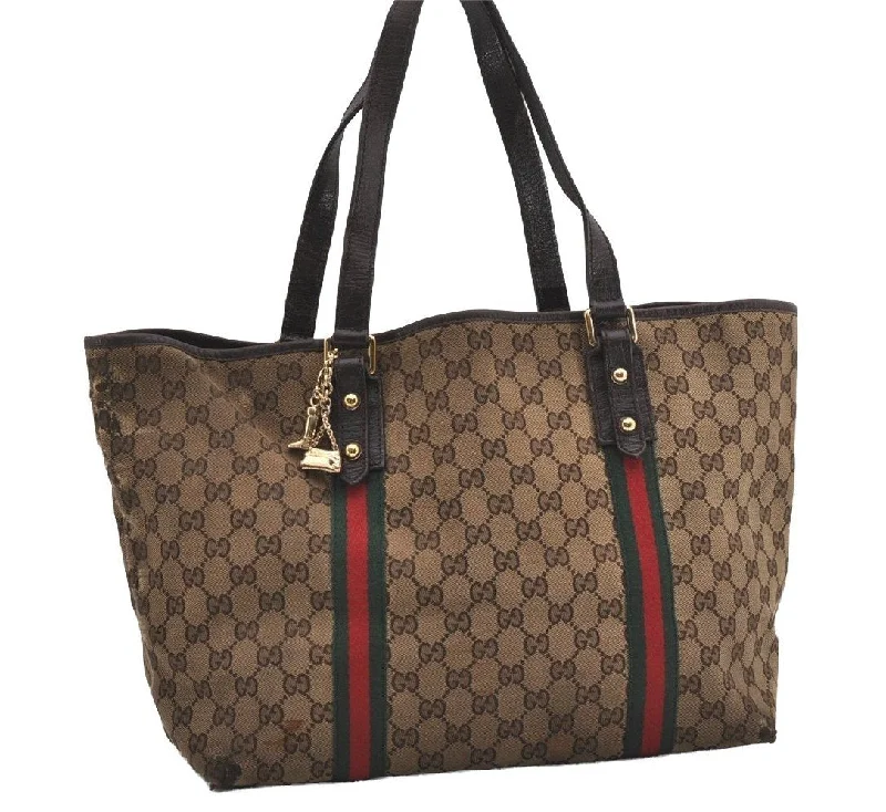 Designer bags with top handlesAuthentic GUCCI Web Sherry Line Tote Bag GG Canvas Leather 139260 Brown 5835I