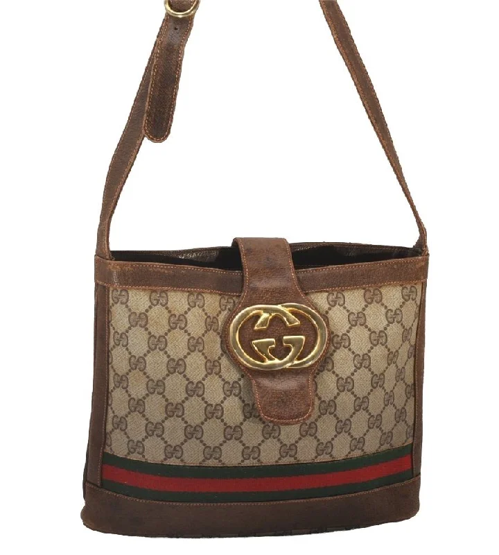 Designer bags for womenAuthentic GUCCI Web Sherry Line Shoulder Bag Purse GG PVC Leather Brown 5876I