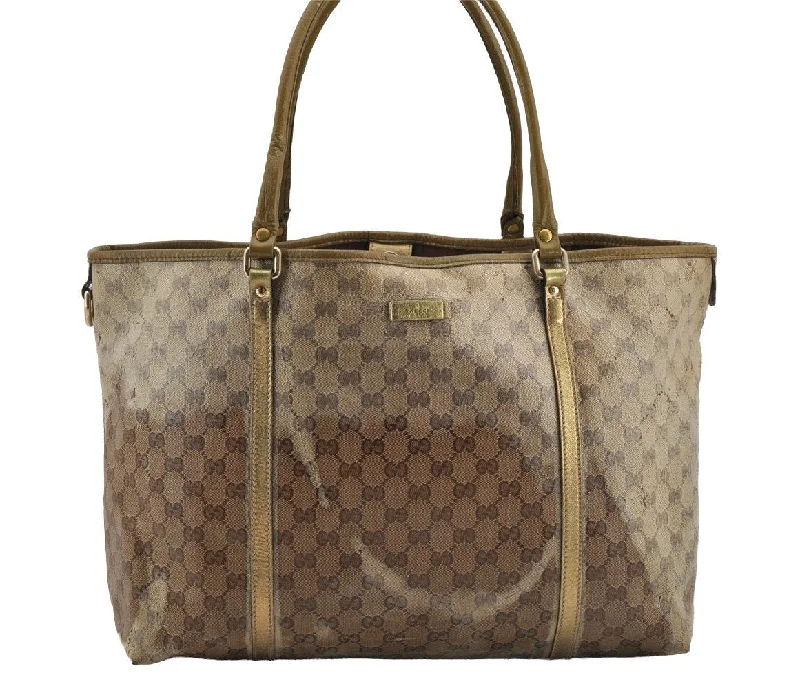 Affordable leather bagsAuthentic GUCCI GG Crystal Tote Bag GG PVC Leather 197954 Brown Junk 5802I