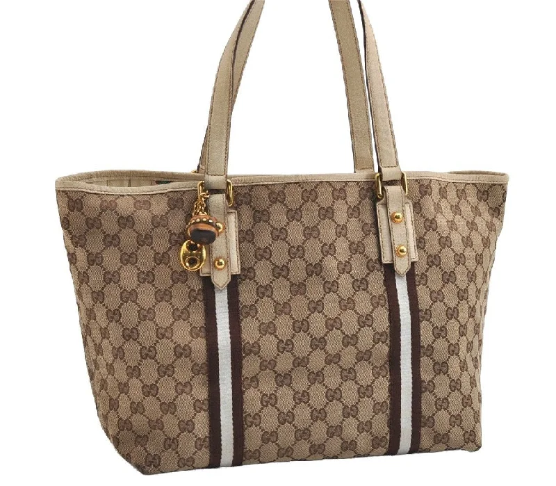 Affordable luxury bags Authentic GUCCI Bamboo Sherry Line Tote Bag GG Canvas Leather Brown 6200I