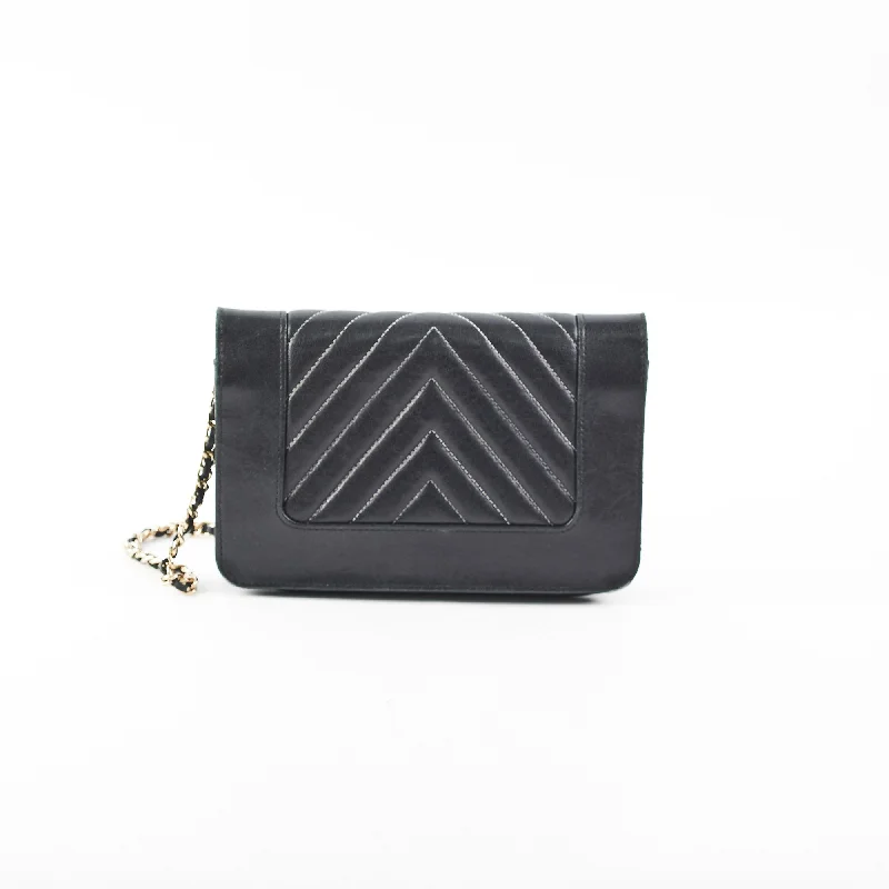 Affordable luxury bags Chanel Chevron Wallet on Chain (WOC) Lambskin Black